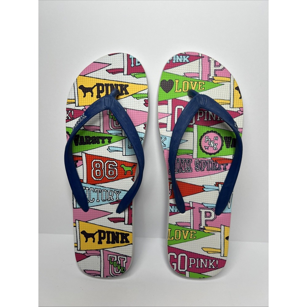 Victoria's Secret PINK Flip Flops Large Collegiate Pennant Love Spirit New